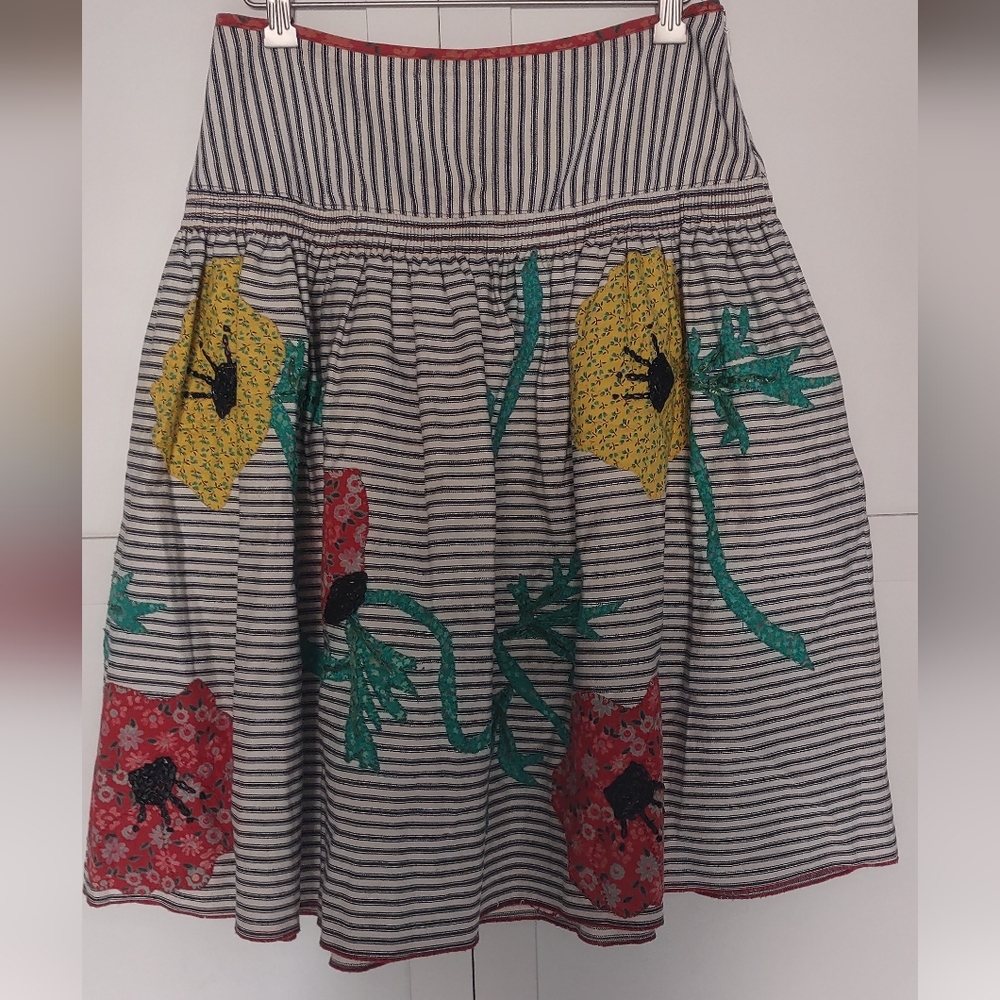 Anna Sui Striped Skirt with Floral Design - Yellow, Red, Green